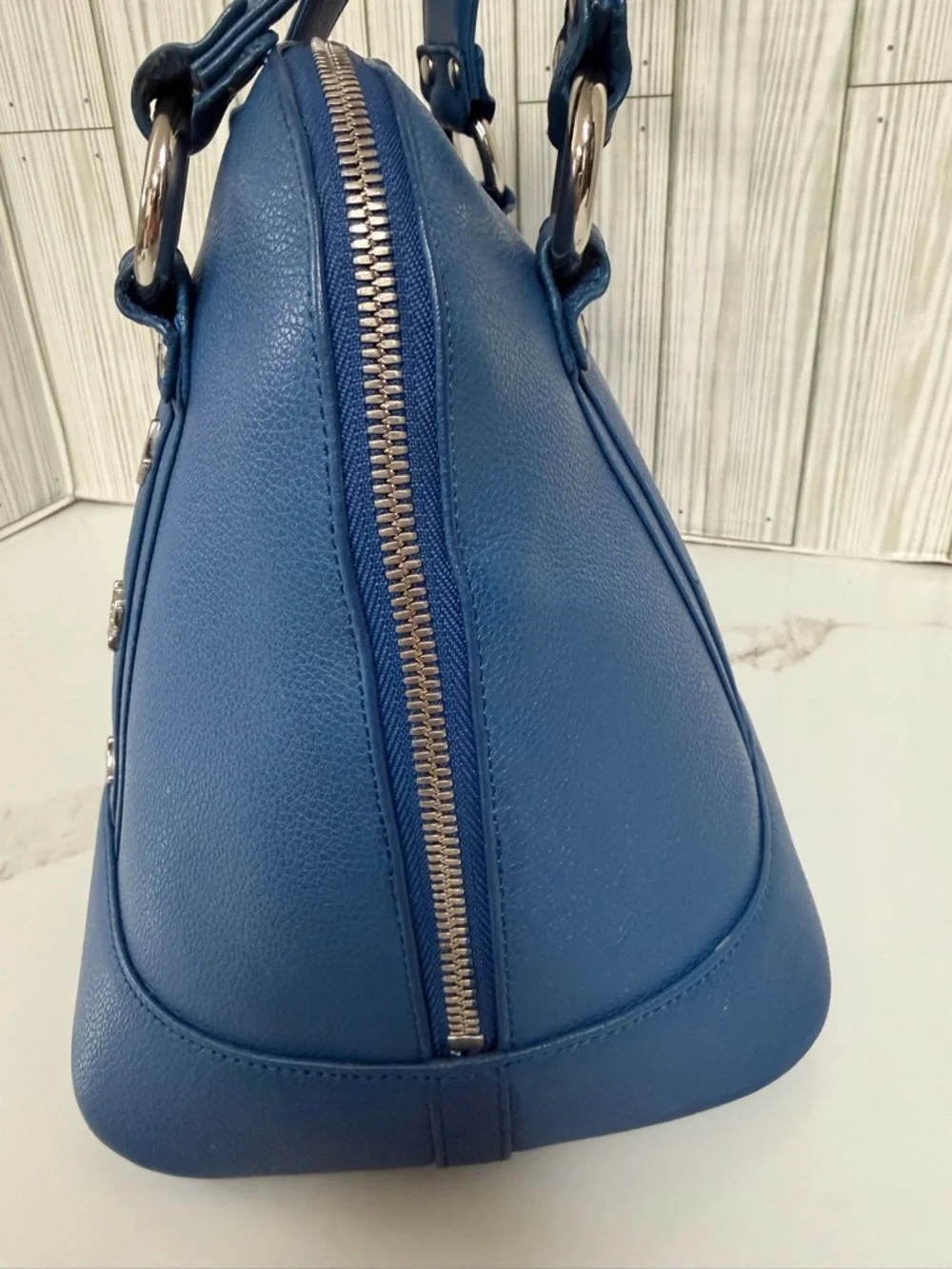 MCM Blue Leather Satchel Bag Gold Hardware Structured Top Handle Purse Dome Bag